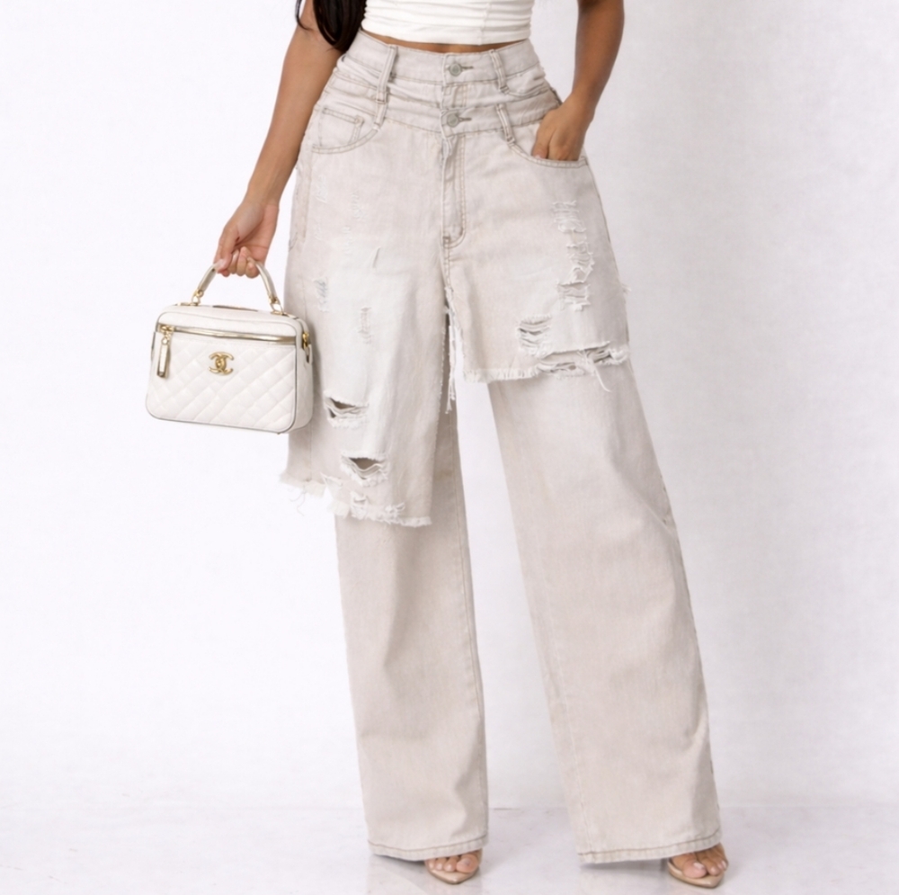 Chic Distressed Double Layered Wide-Leg Jeans